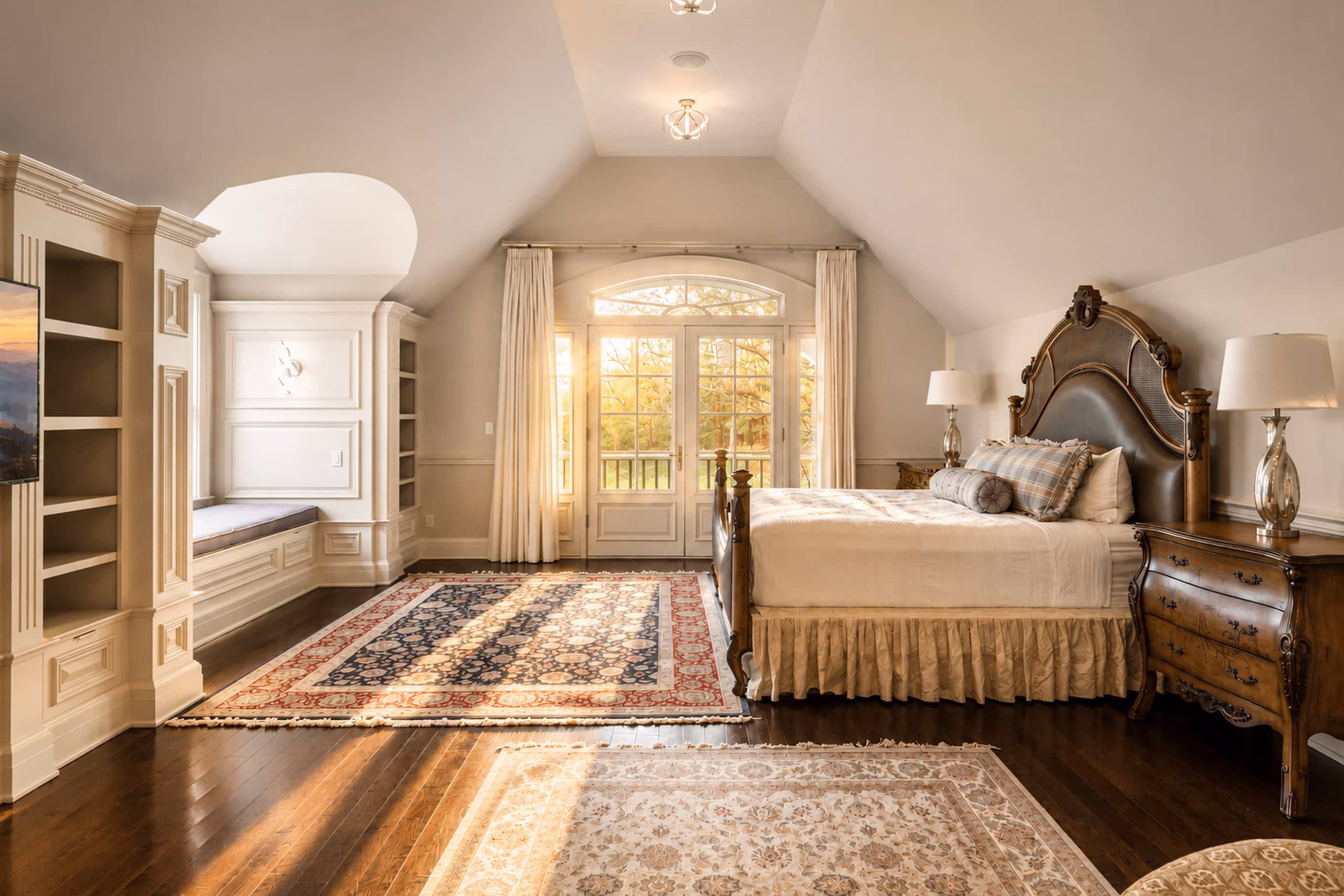 Palatial master suite showing a grand king bed with an ornate wooden headboard, a vaulted ceiling, a bench window seat in the dormer window, built-in storage cabinets, a large patterned rug on hardwood floors, and sliding glass doors leading to an outdoor deck. [Season: Summer] [Lighting: Soft, diffused daylight and warm bedside lamps] [Content: Master bedroom, king bed, vaulted ceiling, built-in cabinets, deck exit]