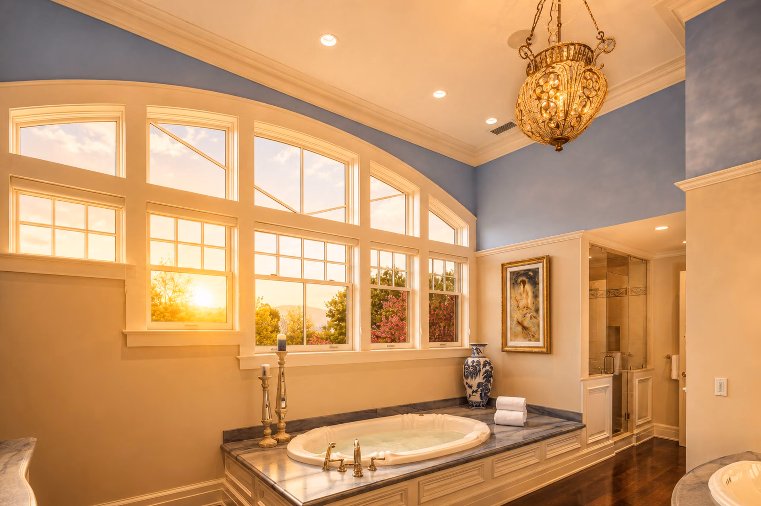 Luxury master bathroom ensuite showing a built-in white soaking tub set in a dark marble deck, situated under a spectacular semi-circular arched window bank framing a glowing, orange golden hour sunset over distant mountains. Features blue walls and a crystal pendant light. [Season: Summer] [Lighting: Dramatic, warm orange sunset light] [Content: Jacuzzi tub, master bathroom, sunset window, mountain view]