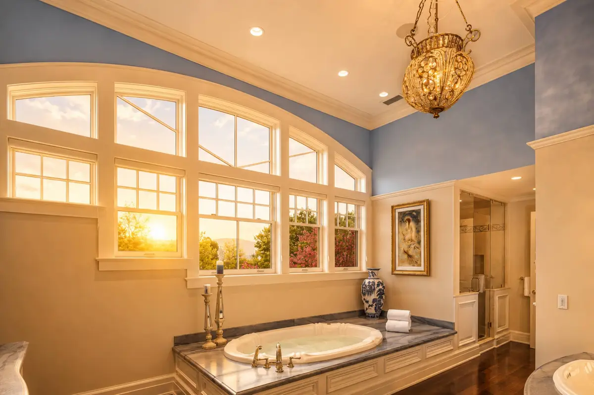 Luxury master bathroom ensuite showing a built-in white soaking tub set in a dark marble deck, situated under a spectacular semi-circular arched window bank framing a glowing, orange golden hour sunset over distant mountains. Features blue walls and a crystal pendant light. [Season: Summer] [Lighting: Dramatic, warm orange sunset light] [Content: Jacuzzi tub, master bathroom, sunset window, mountain view]