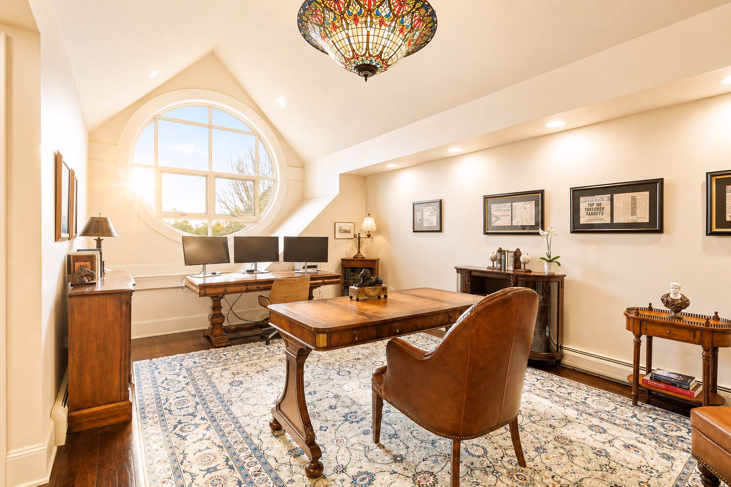 High-end home office or executive study on the upper level. Features a large dark wood desk with a brown leather chair, dual computer monitors, a printer, built-in bookshelves, an ornate stained-glass ceiling dome fixture, a patterned rug over hardwood floors, and a large circular window showing bright daylight. [Season: Summer] [Lighting: Bright, natural daylight] [Content: Executive office, double monitors, wood desk, circular window, library study]