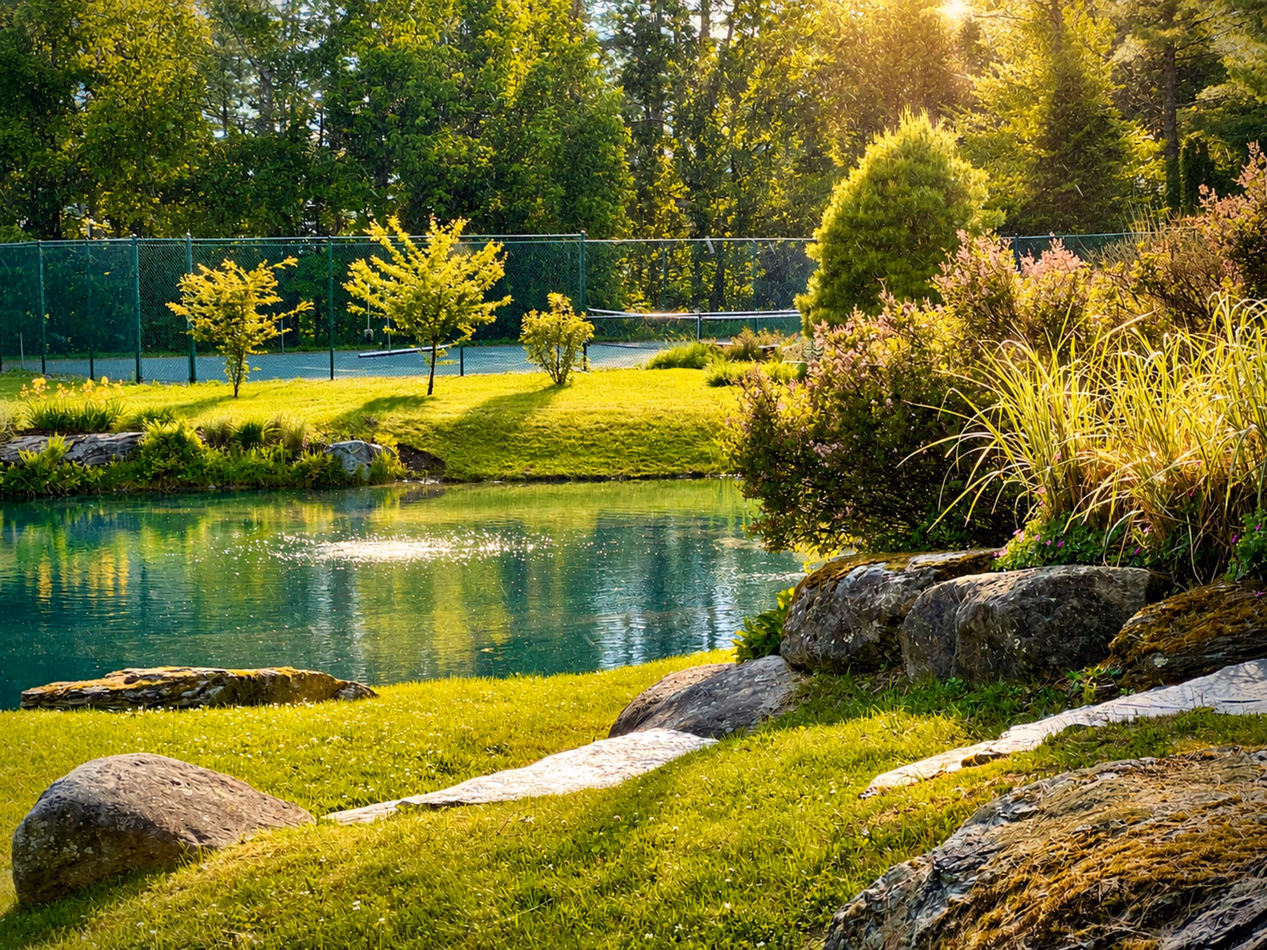 A gorgeous, sun-drenched view of the spring-fed pond bordered by large natural boulders, tall green ornamental grass, and a green lawn. A green tennis court fence is visible in the background under bright sunshine. [Season: Summer] [Lighting: Bright, warm summer afternoon daylight] [Content: Pond landscape, boulders, ornamental grass, tennis court background]