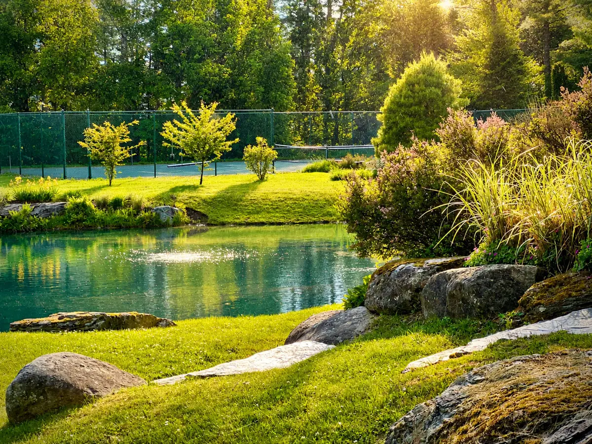 A gorgeous, sun-drenched view of the spring-fed pond bordered by large natural boulders, tall green ornamental grass, and a green lawn. A green tennis court fence is visible in the background under bright sunshine. [Season: Summer] [Lighting: Bright, warm summer afternoon daylight] [Content: Pond landscape, boulders, ornamental grass, tennis court background]