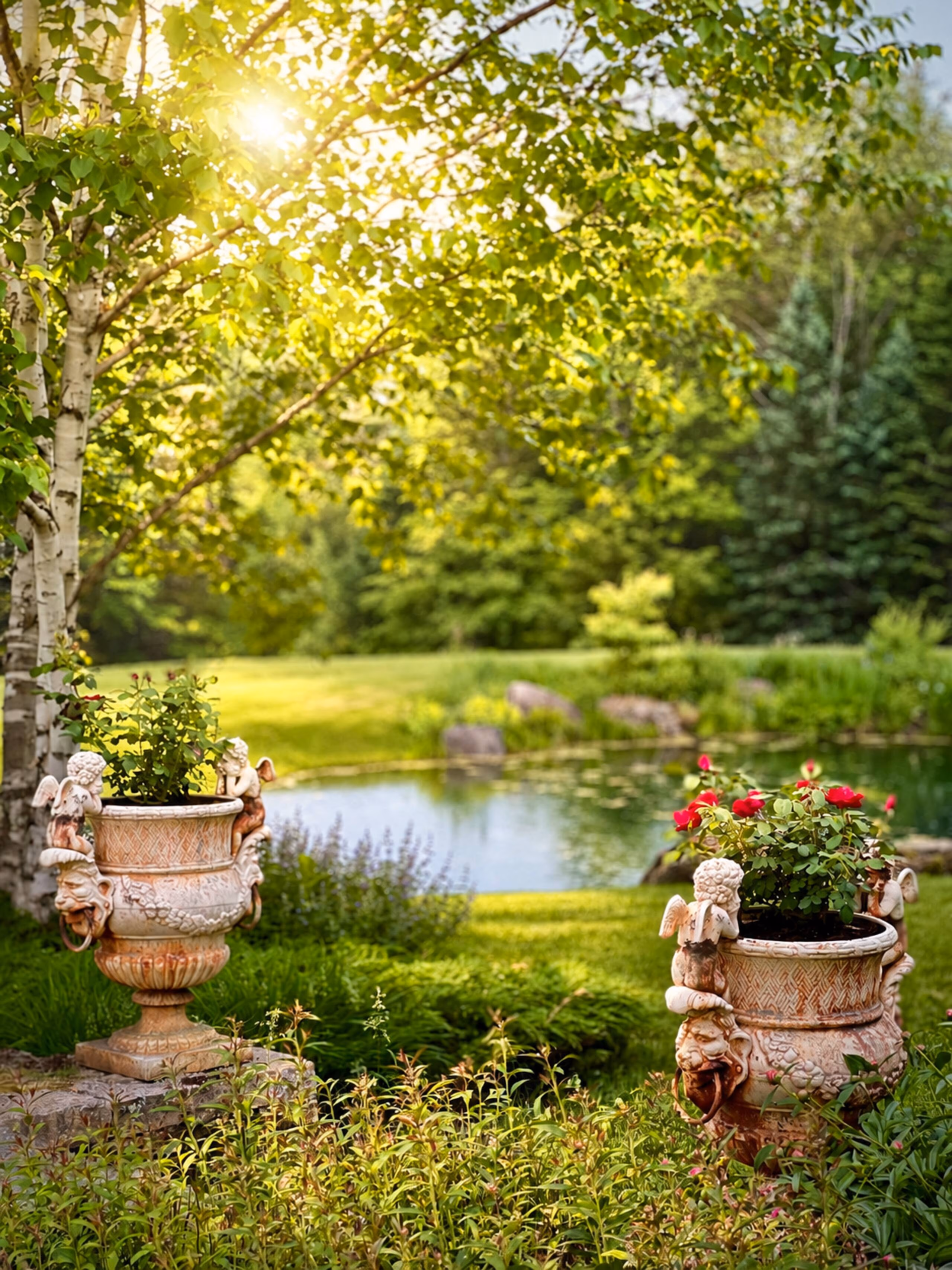 Beautiful garden view showing two ornate cherub-themed stone planters—one with yellow-green plants, the other with red roses. A calm pond and green woods are blurred in the background. [Season: Summer] [Lighting: Warm, sunny daylight] [Content: Cherub planters, stone urns, roses, pond background]