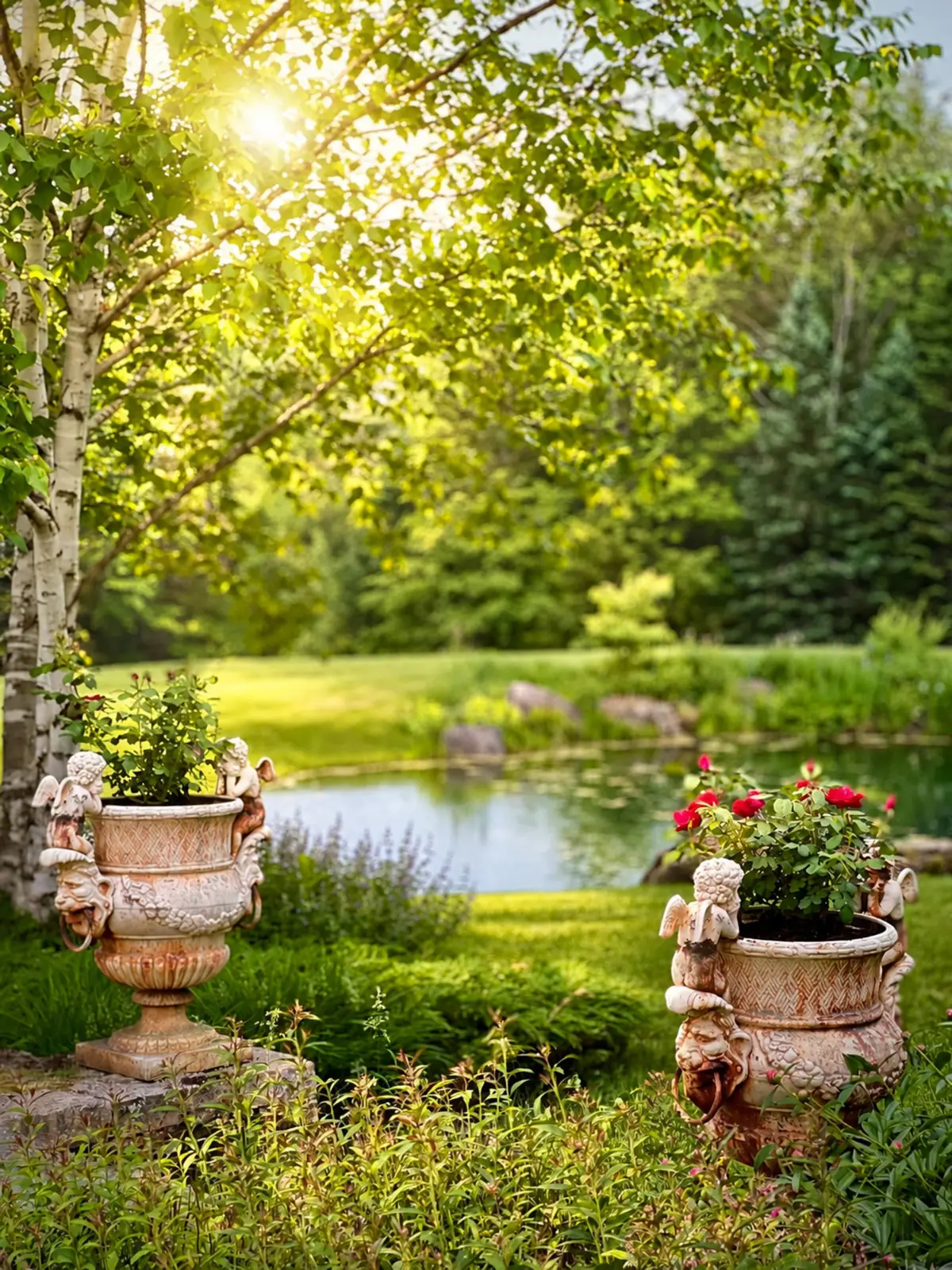 Beautiful garden view showing two ornate cherub-themed stone planters—one with yellow-green plants, the other with red roses. A calm pond and green woods are blurred in the background. [Season: Summer] [Lighting: Warm, sunny daylight] [Content: Cherub planters, stone urns, roses, pond background]