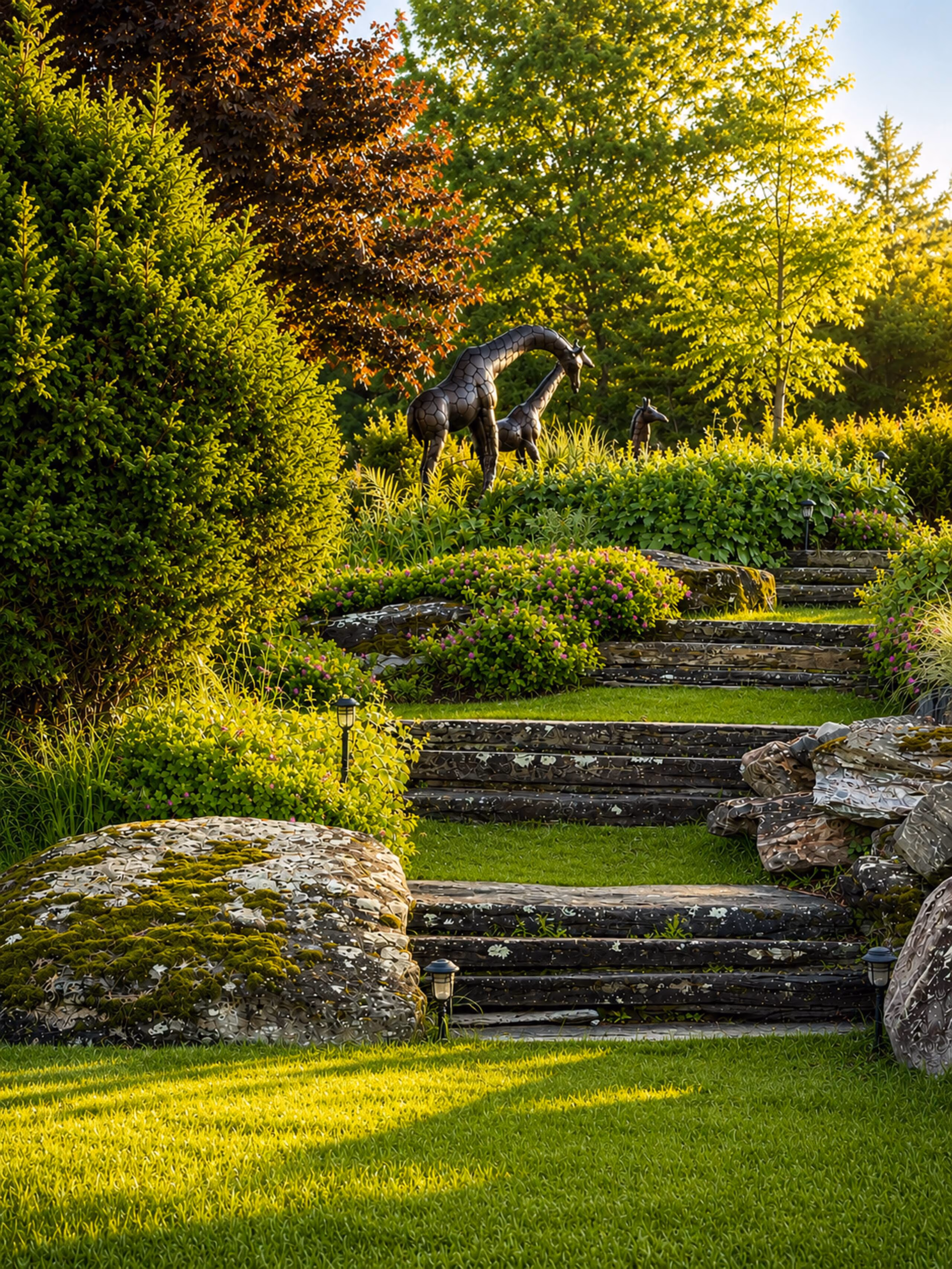 Beautifully landscaped backyard garden stone steps leading up a grassy terraced slope, surrounded by mossy rocks, green shrubs, pink flowers, and a large copper giraffe sculpture at the top of the hill. [Season: Summer] [Lighting: Bright, sunny afternoon daylight] [Content: Stone garden steps, terraced slope, giraffe sculpture, landscaping]