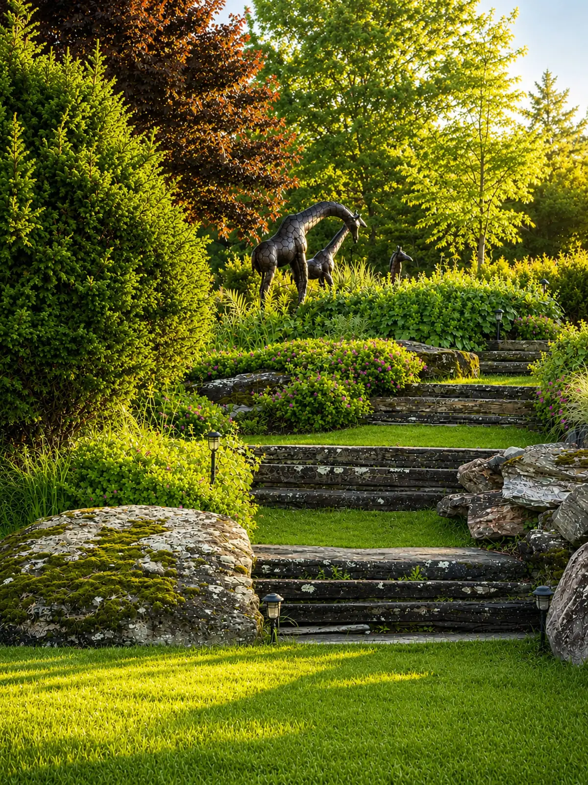 Beautifully landscaped backyard garden stone steps leading up a grassy terraced slope, surrounded by mossy rocks, green shrubs, pink flowers, and a large copper giraffe sculpture at the top of the hill. [Season: Summer] [Lighting: Bright, sunny afternoon daylight] [Content: Stone garden steps, terraced slope, giraffe sculpture, landscaping]