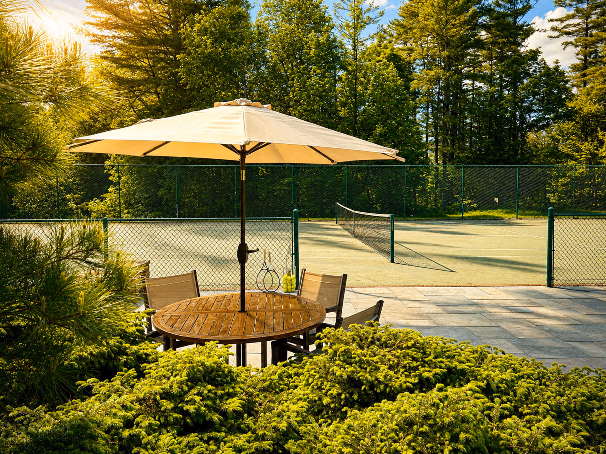 Outdoor dining or sitting area next to a private tennis court. Features a round wooden table with four metal mesh chairs under a beige umbrella, surrounded by thick green shrubs and tall pine trees under a clear blue sky. [Season: Summer] [Lighting: Bright, warm summer daylight] [Content: Patio dining table, tennis court background, outdoor umbrella, garden exterior]