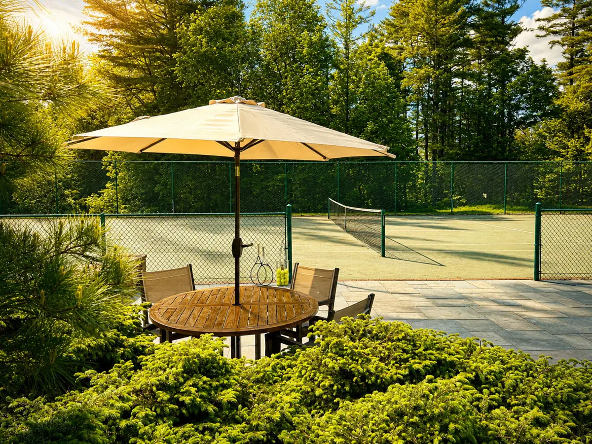 Outdoor dining or sitting area next to a private tennis court. Features a round wooden table with four metal mesh chairs under a beige umbrella, surrounded by thick green shrubs and tall pine trees under a clear blue sky. [Season: Summer] [Lighting: Bright, warm summer daylight] [Content: Patio dining table, tennis court background, outdoor umbrella, garden exterior]