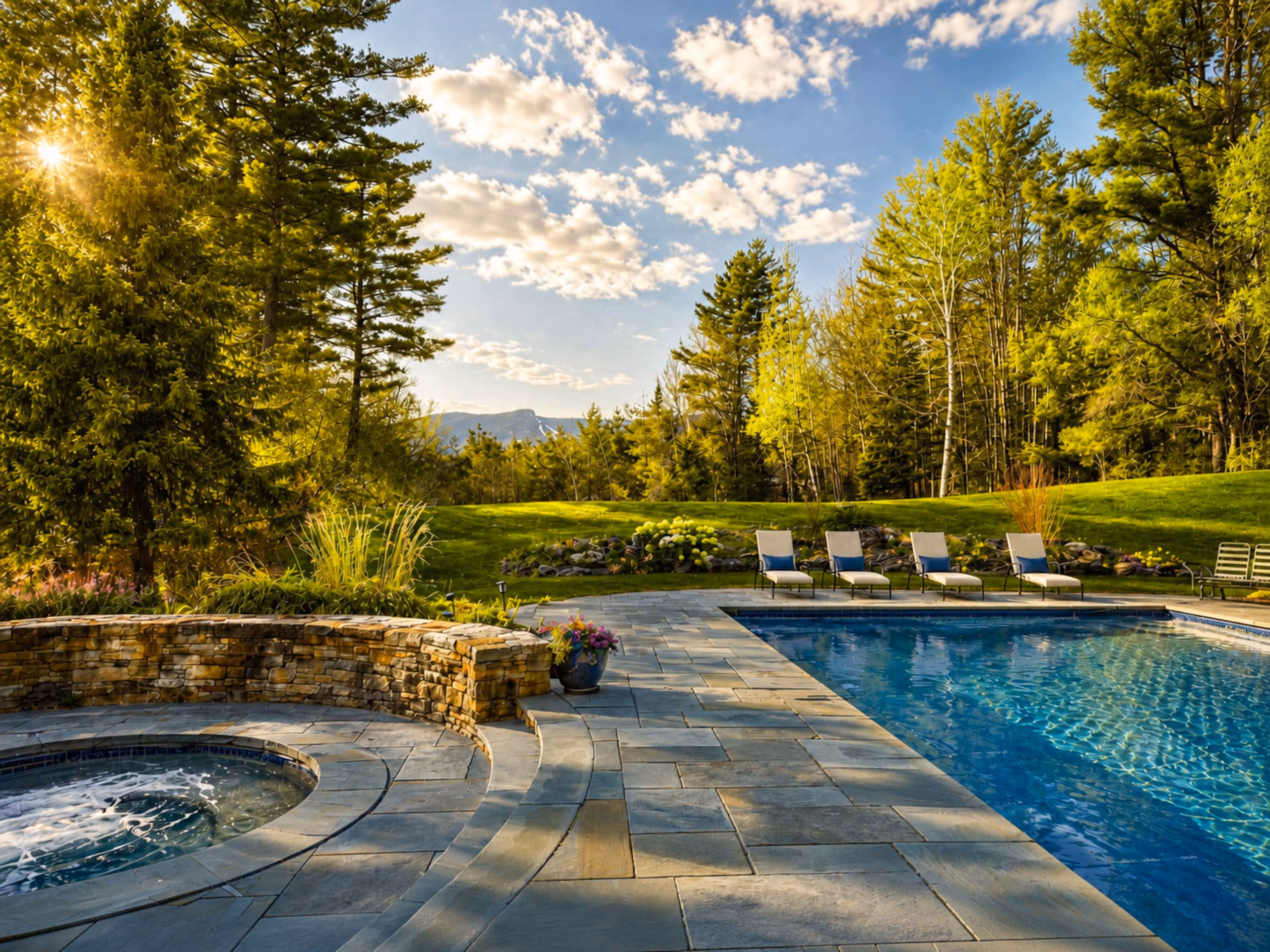 Resort-style backyard patio featuring a large rectangular swimming pool and a separate circular hot tub set in a stone-paved deck. Several white lounge chairs are lined up in the background on the lawn, bordering a dense forest under a blue sky with soft white clouds. [Season: Summer] [Lighting: Warm afternoon daylight with the sun shining bright from the left] [Content: Swimming pool patio, hot tub deck, stone paving, lounge chairs, backyard landscape]
