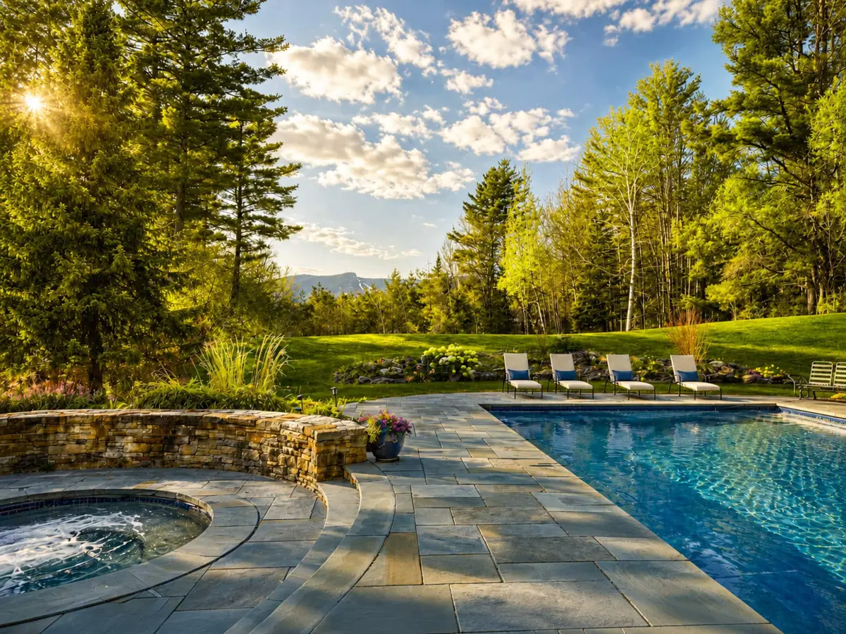 Resort-style backyard patio featuring a large rectangular swimming pool and a separate circular hot tub set in a stone-paved deck. Several white lounge chairs are lined up in the background on the lawn, bordering a dense forest under a blue sky with soft white clouds. [Season: Summer] [Lighting: Warm afternoon daylight with the sun shining bright from the left] [Content: Swimming pool patio, hot tub deck, stone paving, lounge chairs, backyard landscape]