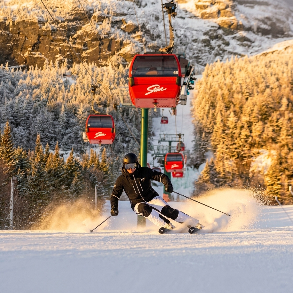 Stowe Mountain Resort Gondola transporting skiers up the snow-covered slopes during winter. Captures a beautiful active winter recreation day with bright sunshine and magnificent views of the snow-dusted peak in the background. [Season: Winter] [Lighting: Bright, direct winter daylight] [Content: Stowe Mountain Resort, gondola lift, skiers, ski slopes, winter sports]