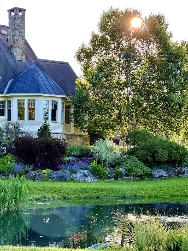 Intimate garden perspective of a low dry stone retaining wall with purple and blue wildflowers and evergreen shrubs in front of the estate's sunroom bay window alcove. A large green lawn is in the foreground. [Season: Summer] [Lighting: Bright daylight] [Content: Stone garden wall, wildflowers, sunroom exterior, green lawn]