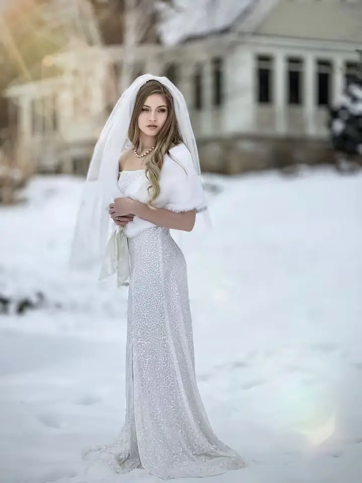 Bride in a white wedding gown and white fur wrap standing in a snowy landscape. The background is softly blurred snow. [Season: Winter] [Lighting: Soft, diffused winter daylight] [Content: Winter bride, wedding dress, fur wrap, outdoor winter portrait]