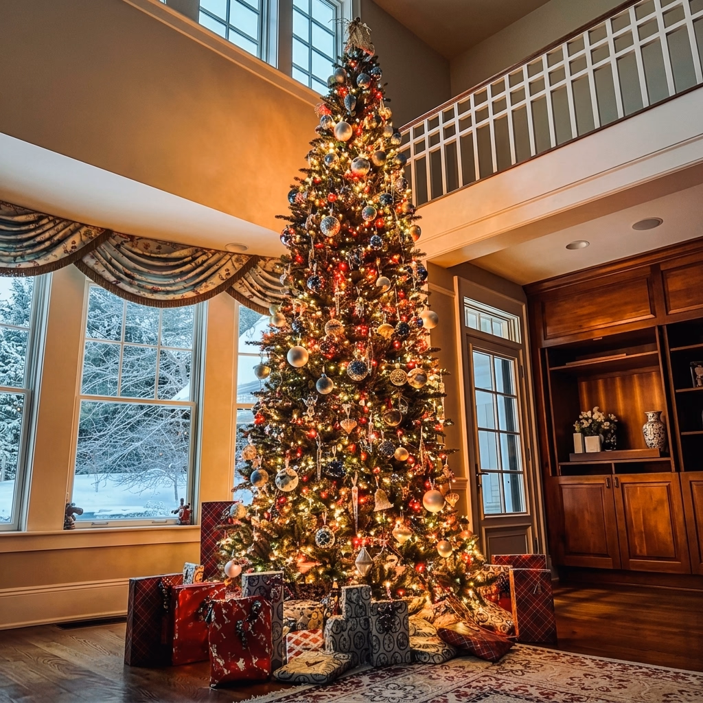 Festive indoor view of a tall, elegantly decorated Christmas tree glowing with warm golden lights and adorned with red and gold ornaments and a star topper. Located in a high-ceilinged room next to large windows overlooking a snowy winter forest outside. Features classic drapes and dark wood built-in bookshelves. [Season: Winter, Christmas] [Lighting: Warm, glittering tree lights contrasting with cool winter daylight] [Content: Christmas tree, holiday decor, window view, living room interior]