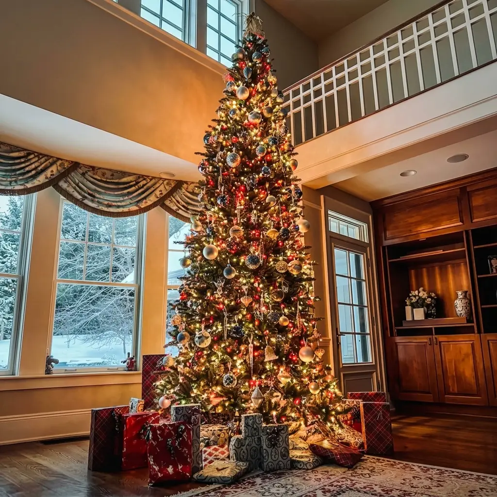 Festive indoor view of a tall, elegantly decorated Christmas tree glowing with warm golden lights and adorned with red and gold ornaments and a star topper. Located in a high-ceilinged room next to large windows overlooking a snowy winter forest outside. Features classic drapes and dark wood built-in bookshelves. [Season: Winter, Christmas] [Lighting: Warm, glittering tree lights contrasting with cool winter daylight] [Content: Christmas tree, holiday decor, window view, living room interior]