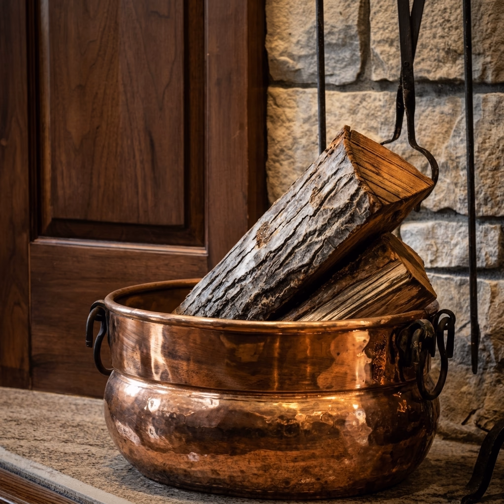 Close-up shot of several birch firewood logs stacked neatly inside a heavy, polished brass or copper log bucket. Set against a dark wood paneled door frame and stone wall. [Season: Winter/Autumn] [Lighting: Warm, localized side lighting] [Content: Firewood, copper bucket, fireplace accessories, cozy details]