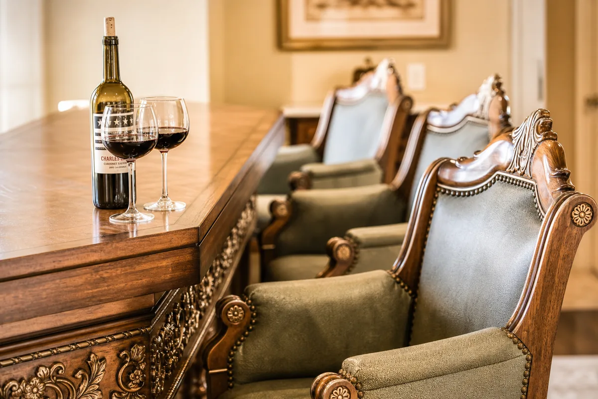 Close-up detail of a formal dining or conference table. Shows a long polished dark wood table set with a bottle of red wine and two crystal wine glasses, surrounded by high-backed classic chairs upholstered in premium antique sage green textured leather with brass nailhead trim. [Season: Autumn/Winter] [Lighting: Soft, warm ambient dining light] [Content: Dining table close-up, leather chairs, wine glasses, formal dining interior]