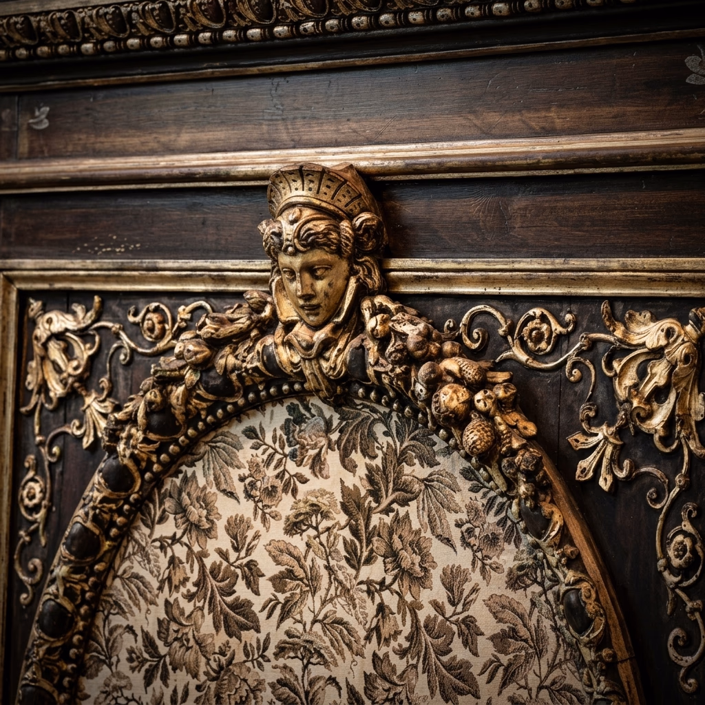 Macro detail shot of the highly ornate, gold-leaf and silver hand-carved decorative woodwork on a furniture crown or mantelpiece. Highlights a classic hand-carved female bust face medallion in the center surrounded by detailed floral and scroll filigree. [Season: Indoor] [Lighting: Low-key lighting, emphasizing metallic texture and high-relief carving] [Content: Wood carving, ornate detail, craftsmanship, antique furniture]