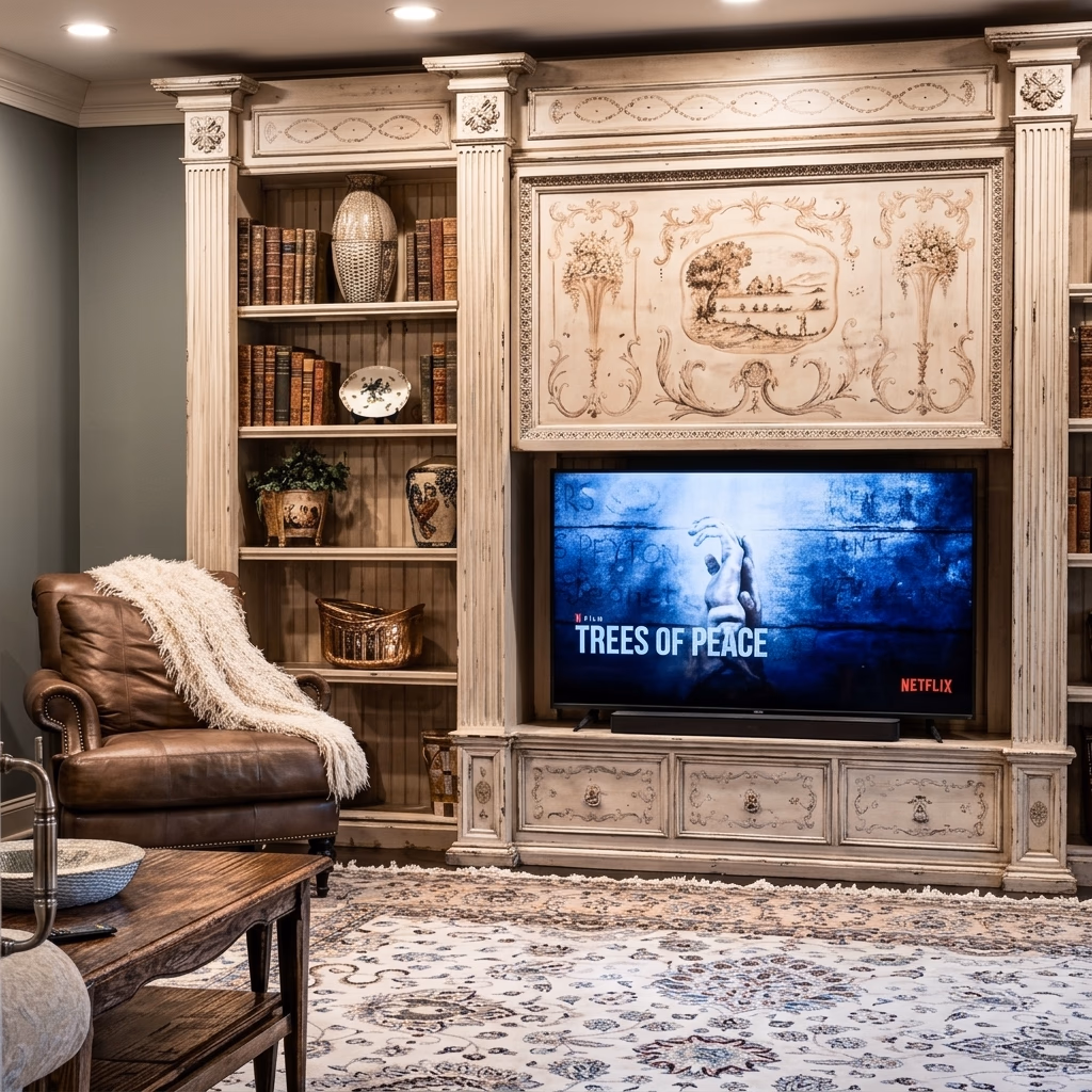 Cozy, warm study and media room featuring a large flat-screen TV showing a blue title screen 'TREES OF PEACE' mounted inside a custom white-distressed media unit. A plush leather armchair is in the corner, and a tall built-in wooden bookshelf filled with books frames the space under soft recessed lights. [Season: Autumn/Winter] [Lighting: Soft, warm recessed spotlights] [Content: Study room, media console, television, library bookshelf, cozy interior]