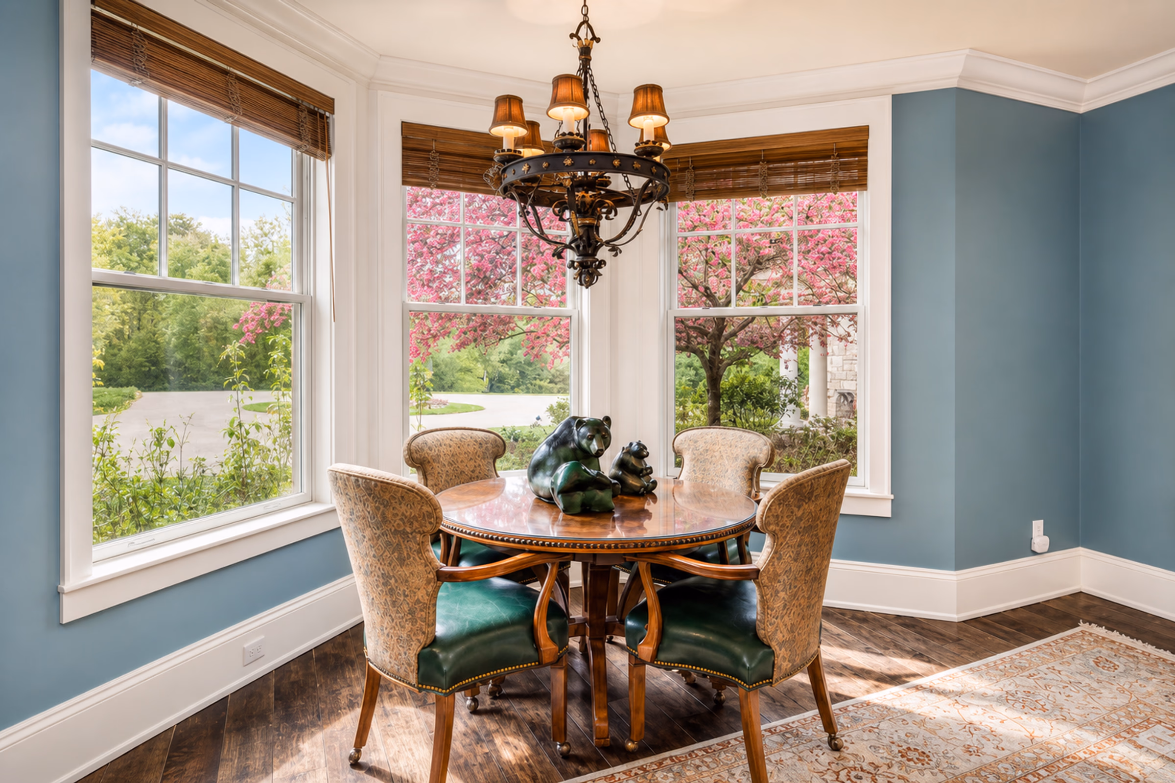 Brightly lit casual dining nook inside a multi-windowed bay alcove. Features a round dark wood table, four upholstered chairs with high backs, and an ornate dark metal chandelier. Large windows look out on a green lawn and pink blossoming trees. [Season: Spring] [Lighting: Bright, fresh morning daylight] [Content: Breakfast nook, dining table, bay window, spring garden exterior]