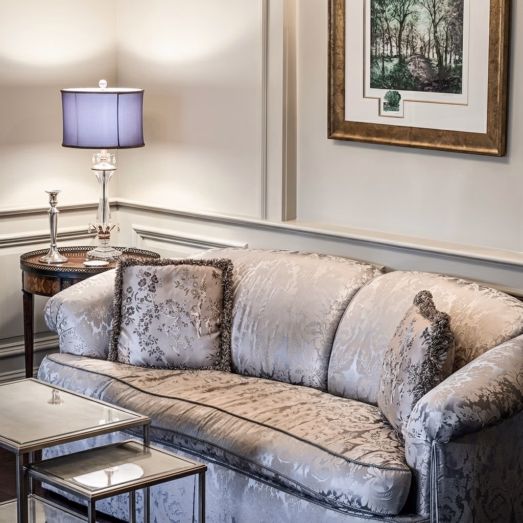 Close-up detail of a silver-threaded damask upholstered sofa with decorative pillows, set against classic light beige walls with white wainscoting and crown molding. A silver candlestick stands on a side console next to the sofa. [Season: Indoor] [Lighting: Diffused, soft indoor light] [Content: Sofa close-up, wall paneling, elegant home decor]