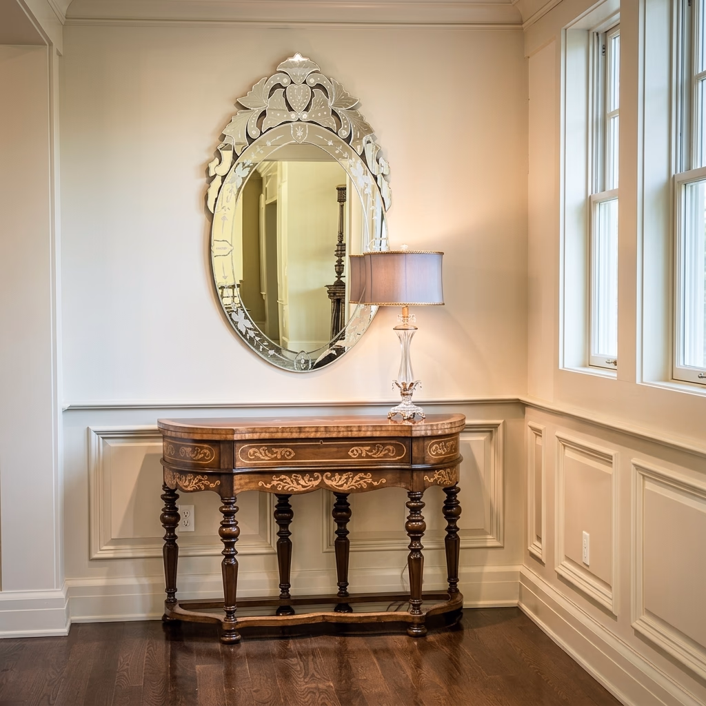 Interior entry hallway view showcasing a polished dark wood console table with decorative drawer pulls, standing under a large oval mirror with an ornate frame. A table lamp with a crystal stand and white shade sits on the console table next to white wainscoting panels on cream walls. [Season: Indoor] [Lighting: Warm lamp light and soft side daylight] [Content: Entryway console, antique mirror, table lamp, hallway interior]