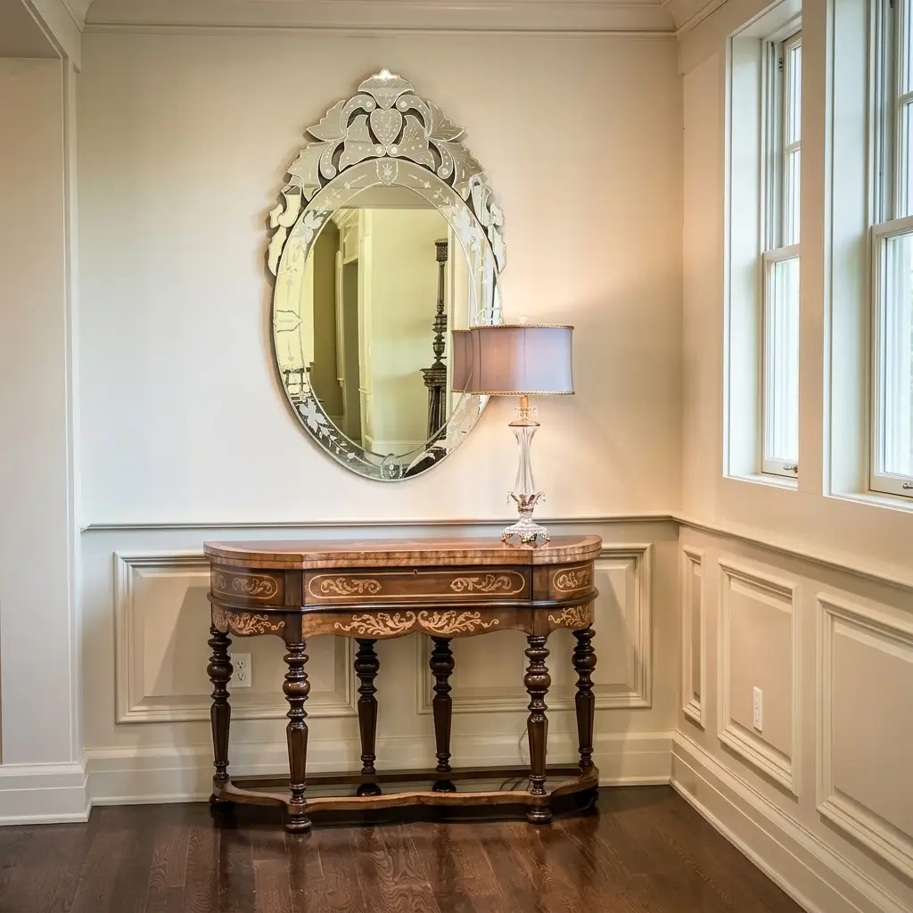 Interior entry hallway view showcasing a polished dark wood console table with decorative drawer pulls, standing under a large oval mirror with an ornate frame. A table lamp with a crystal stand and white shade sits on the console table next to white wainscoting panels on cream walls. [Season: Indoor] [Lighting: Warm lamp light and soft side daylight] [Content: Entryway console, antique mirror, table lamp, hallway interior]