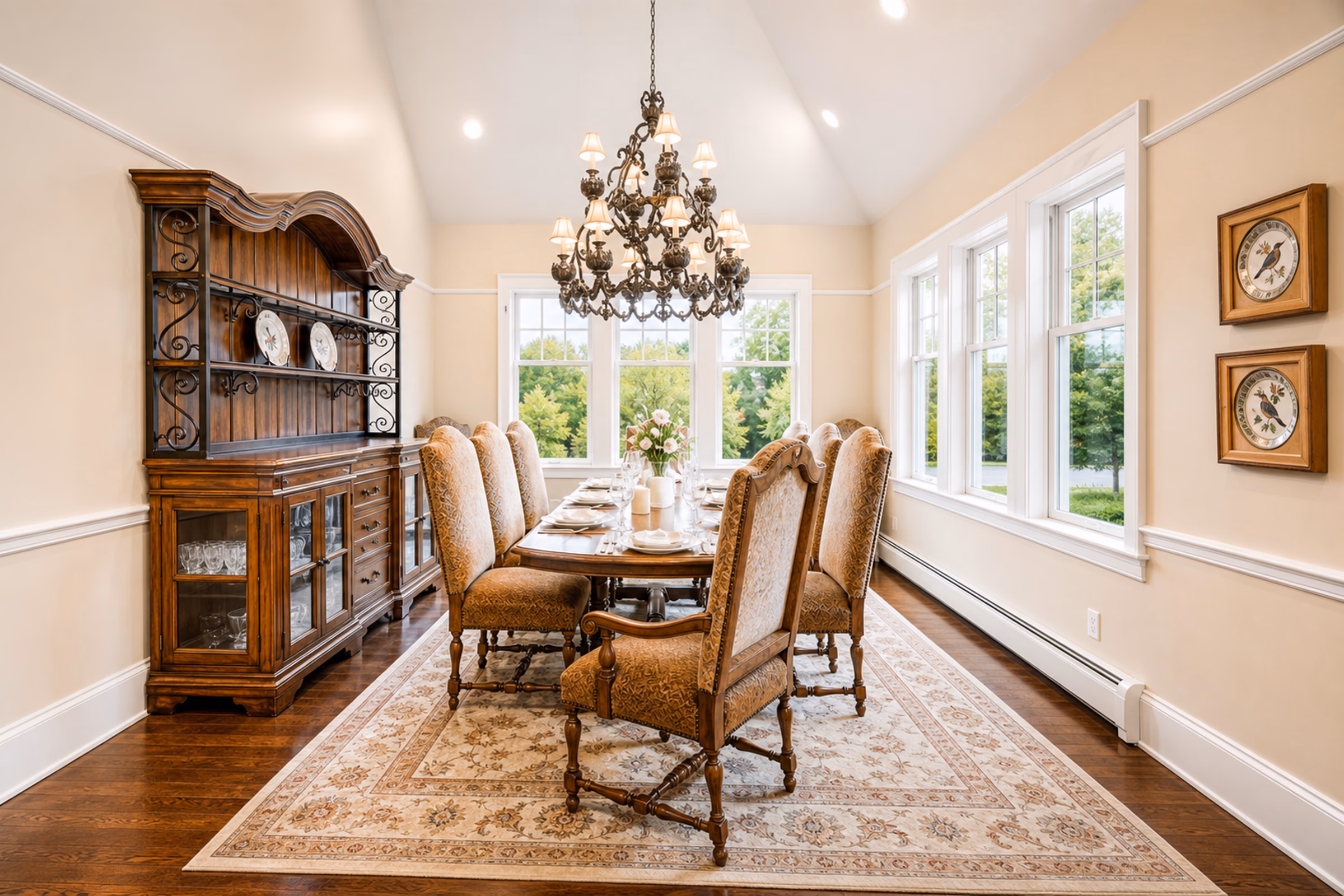 Formal Great Dining Room showing a long wooden table prepared for a dinner party, a large wooden display hutch on the left, a large crystal chandelier hanging from a white tray ceiling, and a large light-patterned rug over hardwood floors. Multiple windows look out on lush green trees. [Season: Summer/Spring] [Lighting: Soft, bright daytime light] [Content: Dining room, hutch cabinet, crystal chandelier, dining table interior]