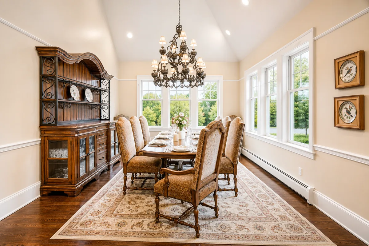 Formal Great Dining Room showing a long wooden table prepared for a dinner party, a large wooden display hutch on the left, a large crystal chandelier hanging from a white tray ceiling, and a large light-patterned rug over hardwood floors. Multiple windows look out on lush green trees. [Season: Summer/Spring] [Lighting: Soft, bright daytime light] [Content: Dining room, hutch cabinet, crystal chandelier, dining table interior]