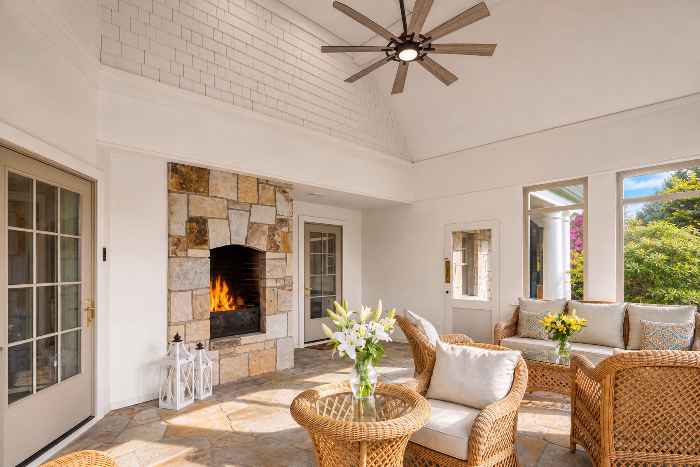 Another view of the bright sunroom showing the wicker seating, a large stone fireplace on the left with a lit fire, and white brick chimney walls. Large windows let in plenty of daylight. [Season: Summer/Spring] [Lighting: Bright daylight with warm fireplace glow] [Content: Sunroom, brick fireplace, wicker sofas, indoor-outdoor living]