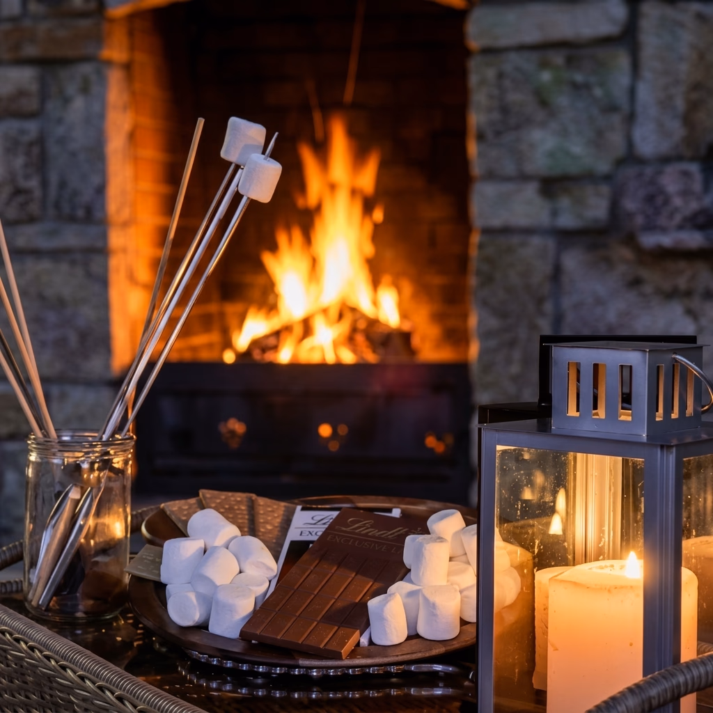 Close-up of an outdoor fire pit or fireplace with roaring orange flames. In the foreground, white marshmallows are seen on wooden sticks ready for roasting. [Season: Winter/Autumn] [Lighting: Warm, intense firelight at night or twilight] [Content: Fire pit, roasting marshmallows, campfire flames]