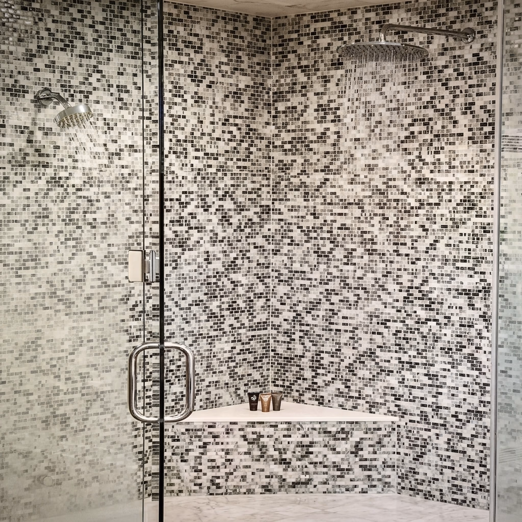 Close-up of a tiled shower wall with tiny black, white, and grey mosaic glass tiles, showing a glass partition door. [Season: Indoor] [Lighting: Bright, sparkling indoor light] [Content: Mosaic tiles, shower wall, glass door, modern bathroom]