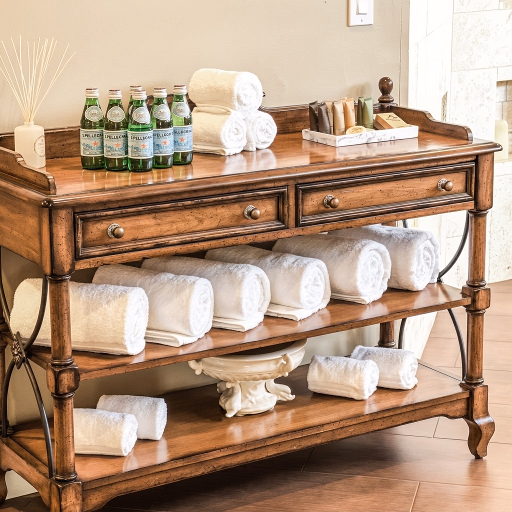 Close-up of a wooden spa console table or stand, stacked with many fluffy, rolled white towels and several green Pellegrino water bottles. [Season: Indoor] [Lighting: Soft, warm indoor lighting] [Content: Spa towels, wooden console, beverage bottles, guest amenities]