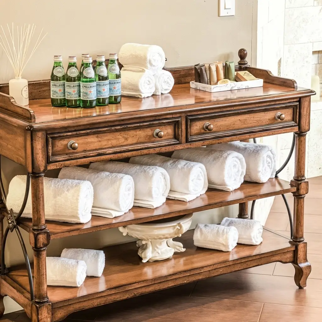 Close-up of a wooden spa console table or stand, stacked with many fluffy, rolled white towels and several green Pellegrino water bottles. [Season: Indoor] [Lighting: Soft, warm indoor lighting] [Content: Spa towels, wooden console, beverage bottles, guest amenities]