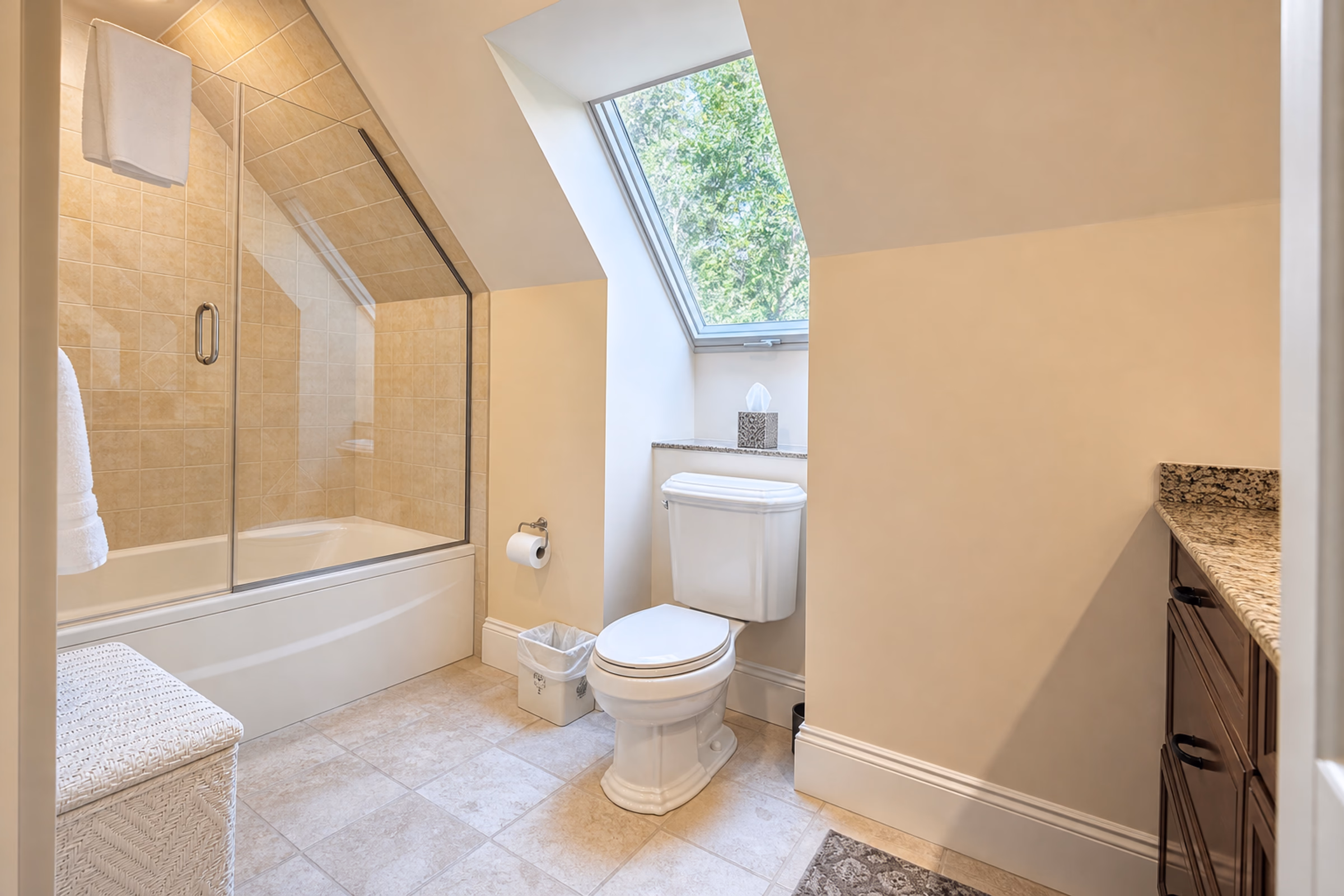 Ensuite guest bathroom under a sloped ceiling, showing a white toilet, a walk-in bathtub/shower with a glass door, a skylight letting in daylight, and dark wood vanity cabinets. [Season: Summer/Spring] [Lighting: Soft daylight and warm interior light] [Content: Guest bathroom, skylight, toilet, bathtub, vanity]