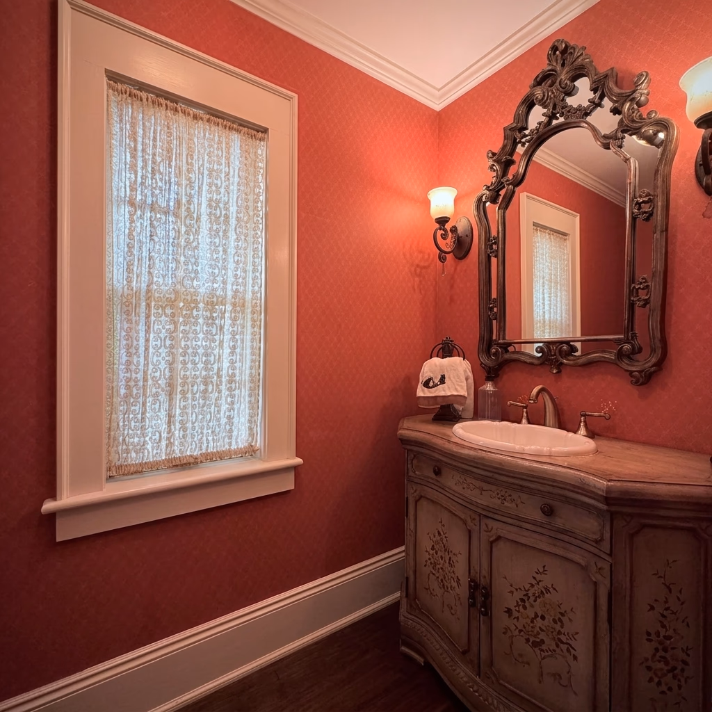 Half bath or powder room featuring deep reddish-pink walls, a white window with a lace curtain, an ornate dark-framed mirror, a classic wooden vanity with an undermount sink, and a wall sconce. [Season: Indoor] [Lighting: Warm, dim ambient light] [Content: Powder room, red walls, lace curtain, antique vanity, mirror]