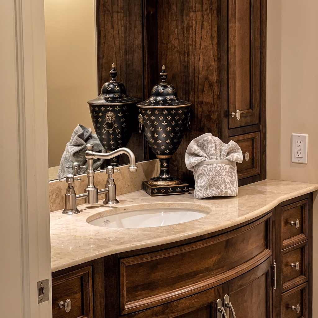 Secondary powder room showing a dark wood vanity with a white marble top and a white sink with chrome fixtures. Two large decorative black-and-silver urns/vases sit on the counter next to a folded towel. [Season: Indoor] [Lighting: Warm interior lighting] [Content: Powder room, marble counter, dark wood vanity, decorative urns]
