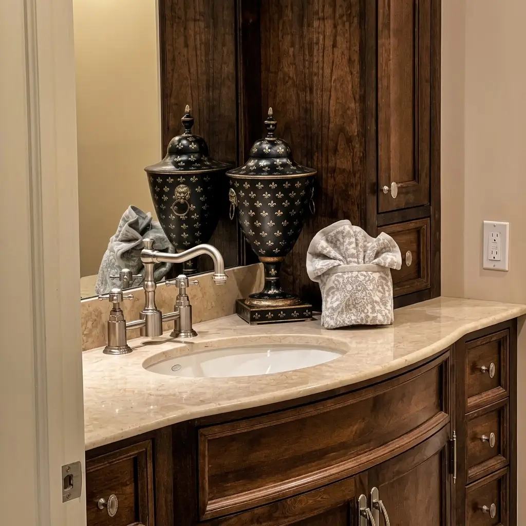 Secondary powder room showing a dark wood vanity with a white marble top and a white sink with chrome fixtures. Two large decorative black-and-silver urns/vases sit on the counter next to a folded towel. [Season: Indoor] [Lighting: Warm interior lighting] [Content: Powder room, marble counter, dark wood vanity, decorative urns]