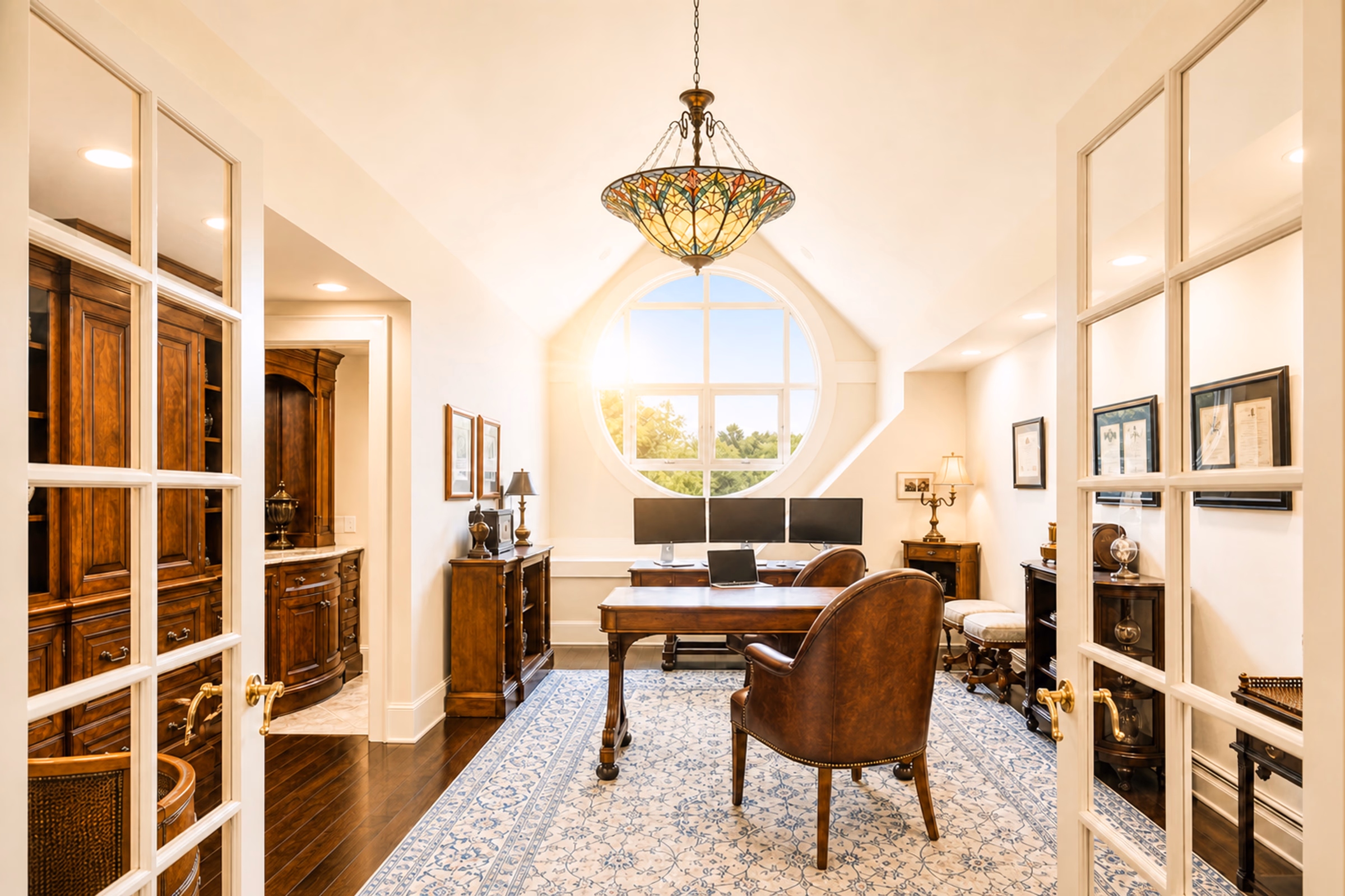 A spacious home office or library workspace. Features a dark wood desk with a leather executive chair in the center under an ornate stained-glass pendant lamp. The room has built-in wood bookshelves, French glass doors, a large circular window at the far end looking out onto green lawn/trees, and a patterned rug over hardwood floors. [Season: Summer] [Lighting: Soft daytime light] [Content: Home office, wood desk, circular window, bookshelves, executive study]