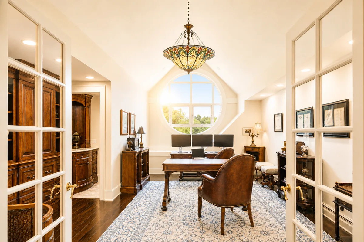 A spacious home office or library workspace. Features a dark wood desk with a leather executive chair in the center under an ornate stained-glass pendant lamp. The room has built-in wood bookshelves, French glass doors, a large circular window at the far end looking out onto green lawn/trees, and a patterned rug over hardwood floors. [Season: Summer] [Lighting: Soft daytime light] [Content: Home office, wood desk, circular window, bookshelves, executive study]