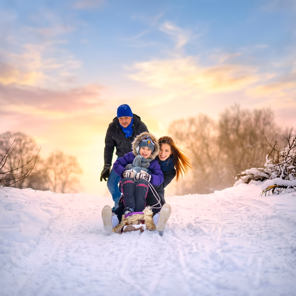 Joyful winter scene of a parent pulling two young children on a sled down a snowy slope under a soft, golden winter sky. [Season: Winter] [Lighting: Soft winter twilight/sunset] [Content: Sledding, snow hill, family activity, winter fun]