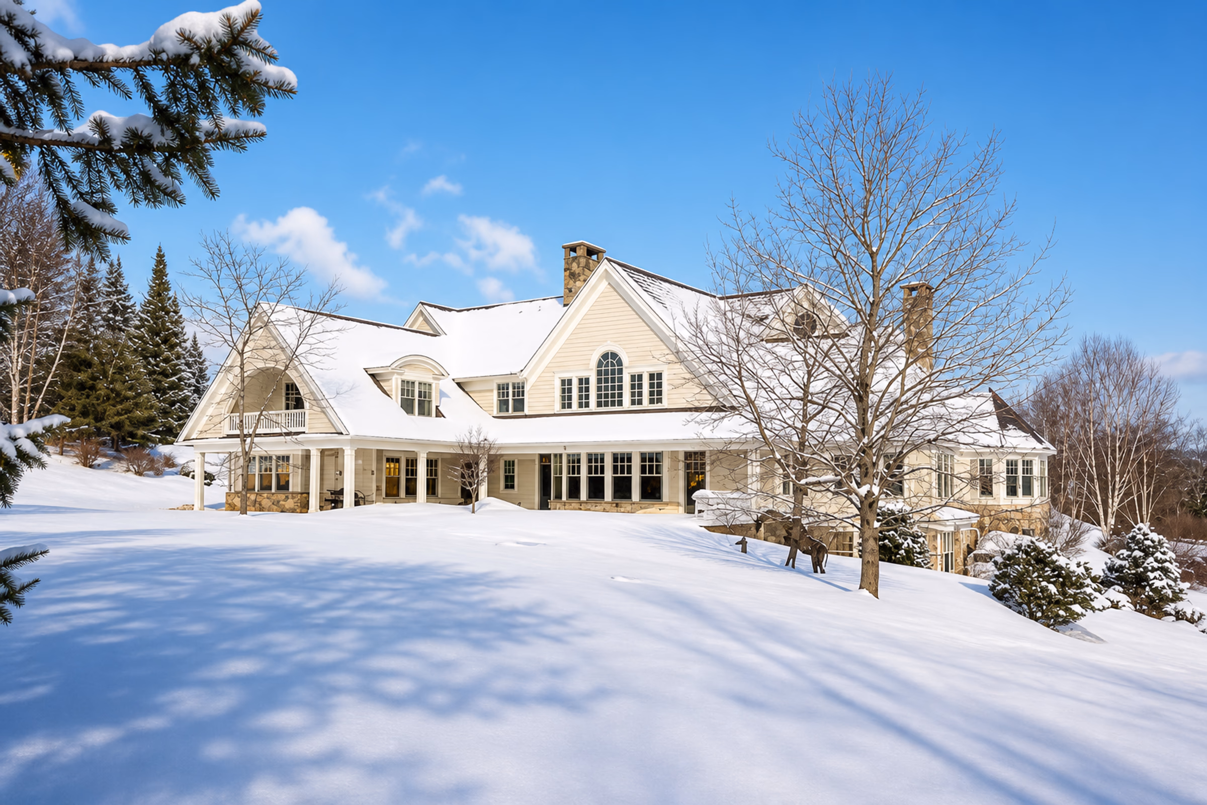 Wide winter exterior elevation view of the luxury estate, blanketed in deep white snow under a clear blue sky. Bare trees stand in the snow-covered lawn. [Season: Winter] [Lighting: Bright, crisp winter daylight] [Content: Winter estate exterior, snow covered lawn, blue sky]