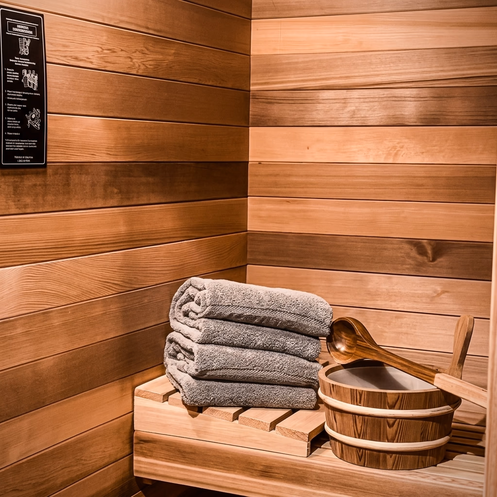 Close-up inside a dry cedar sauna. Shows rich, warm cedar wood paneled walls, a stack of grey spa towels resting on a wooden bench next to a wooden sauna bucket and water ladle. [Season: Indoor] [Lighting: Warm, soft ambient light] [Content: Cedar sauna, towels, wooden bucket, sauna ladle, wellness spa]
