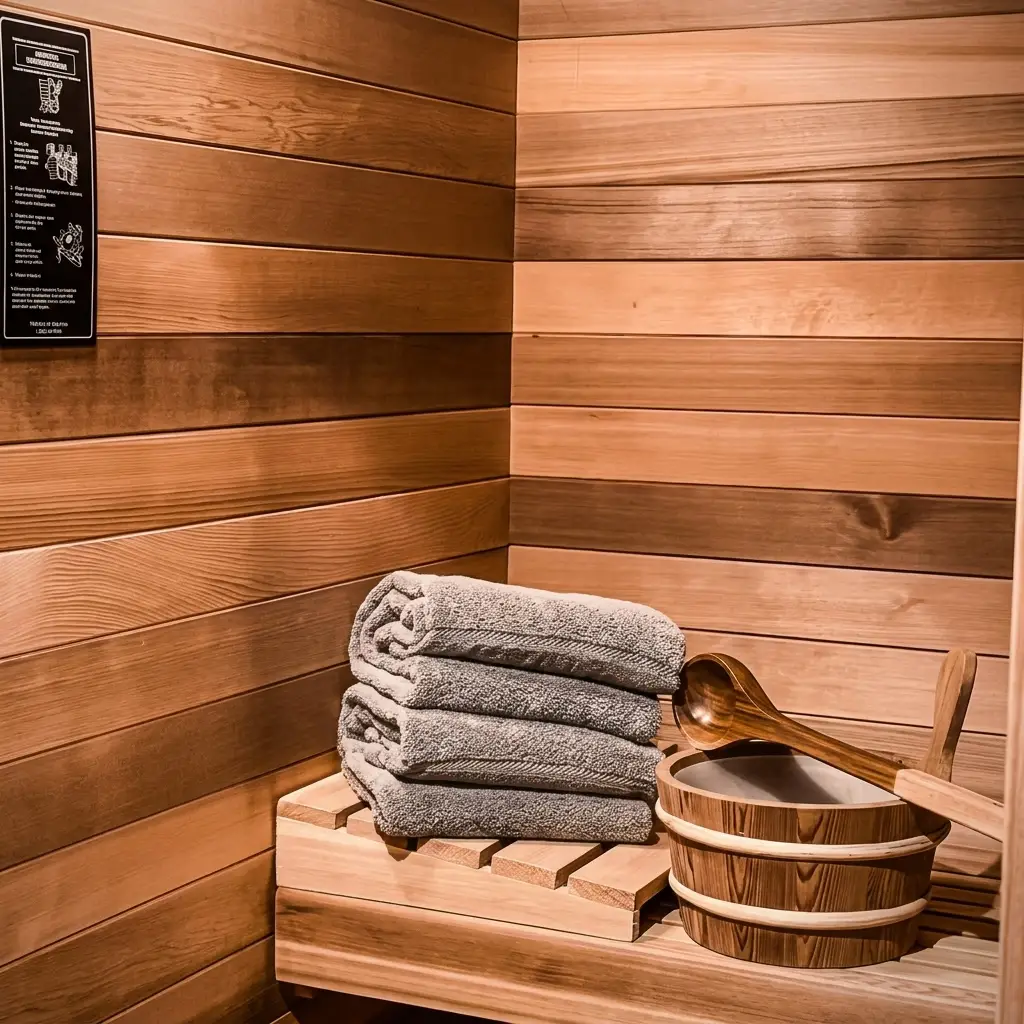 Close-up inside a dry cedar sauna. Shows rich, warm cedar wood paneled walls, a stack of grey spa towels resting on a wooden bench next to a wooden sauna bucket and water ladle. [Season: Indoor] [Lighting: Warm, soft ambient light] [Content: Cedar sauna, towels, wooden bucket, sauna ladle, wellness spa]