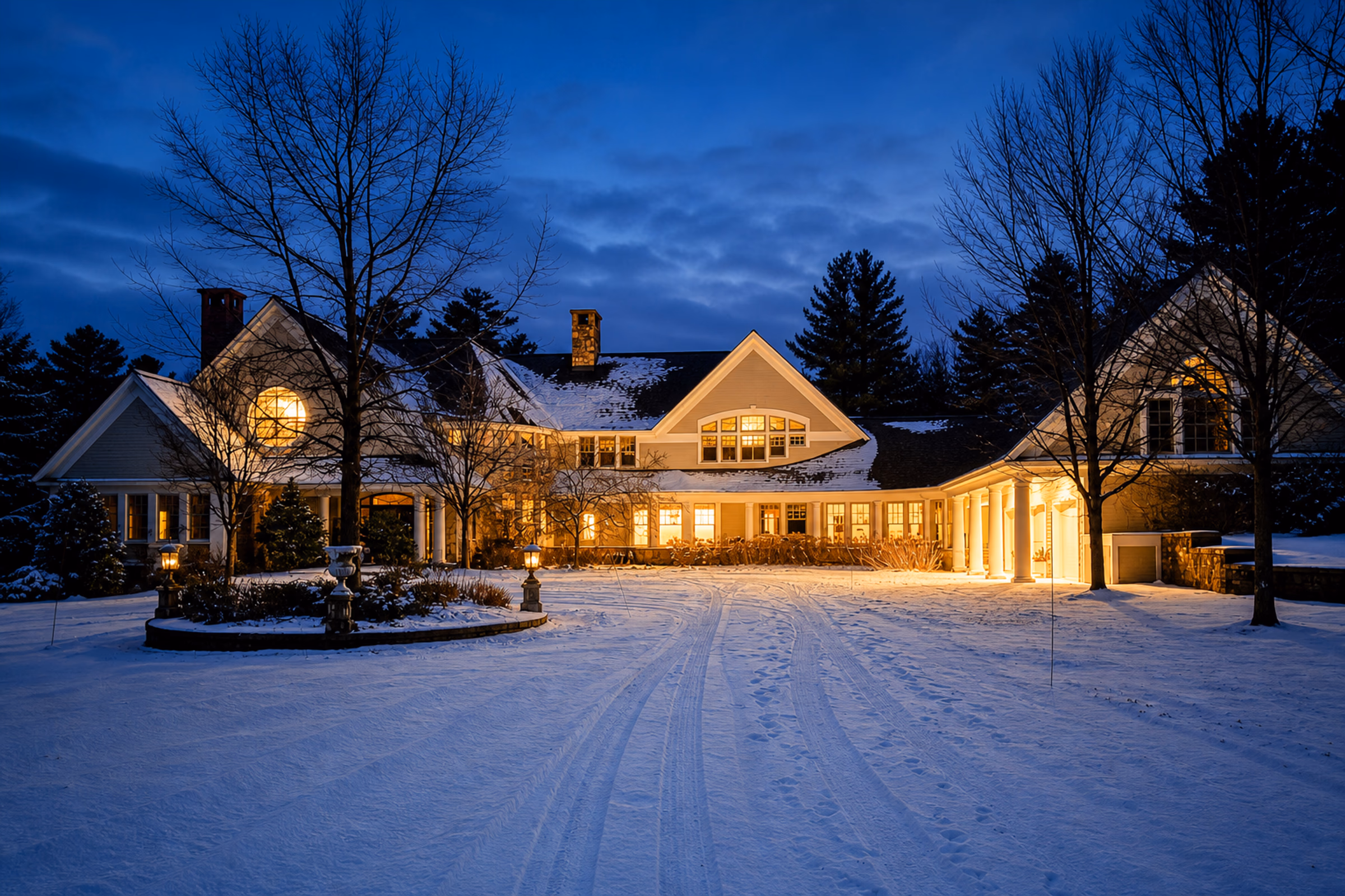 A breathtaking winter night-time view of the estate's rear facade, fully illuminated with warm interior lights that glow through the windows. The courtyard is covered in deep white snow, and a snowy driveway curves towards the house. [Season: Winter] [Lighting: Warm interior lighting contrasting with the cool blue tones of a winter night] [Content: Winter night exterior, illuminated house, snow driveway]