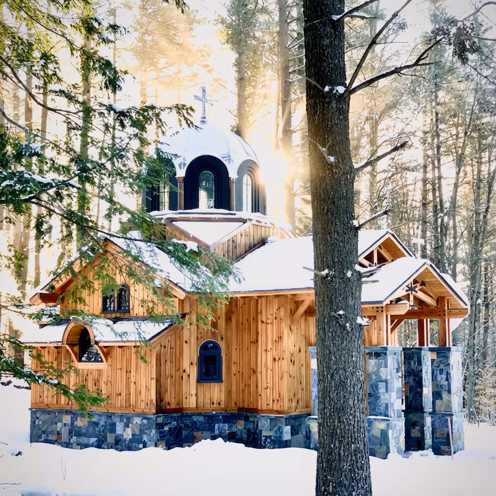 A picturesque, rustic wooden chapel or small guest cottage with a stone foundation and a small cupola roof, standing in a snowy pine forest. Sun rays filter through the trees in the background. [Season: Winter] [Lighting: Bright, back-lit winter sunlight] [Content: Wooden chapel, snow forest, rustic cabin, winter sunbeams]