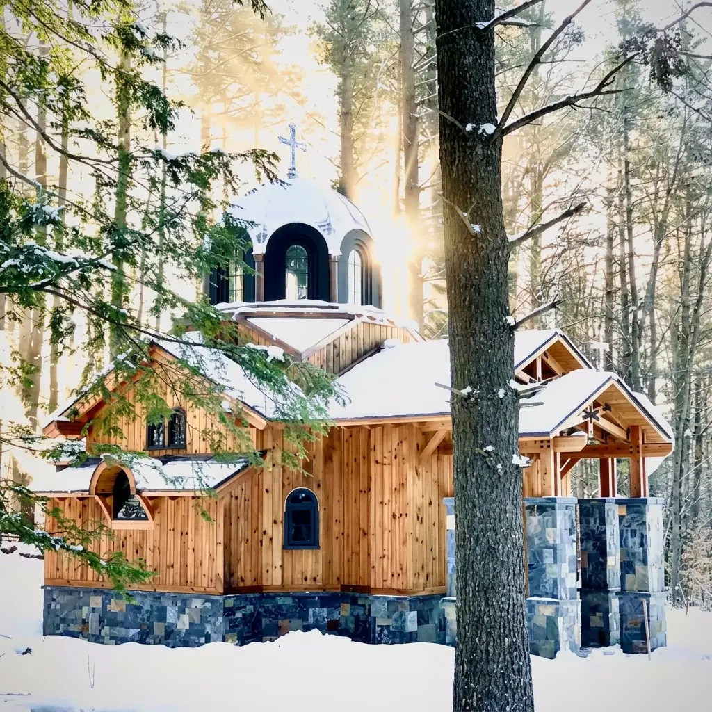 A picturesque, rustic wooden chapel or small guest cottage with a stone foundation and a small cupola roof, standing in a snowy pine forest. Sun rays filter through the trees in the background. [Season: Winter] [Lighting: Bright, back-lit winter sunlight] [Content: Wooden chapel, snow forest, rustic cabin, winter sunbeams]