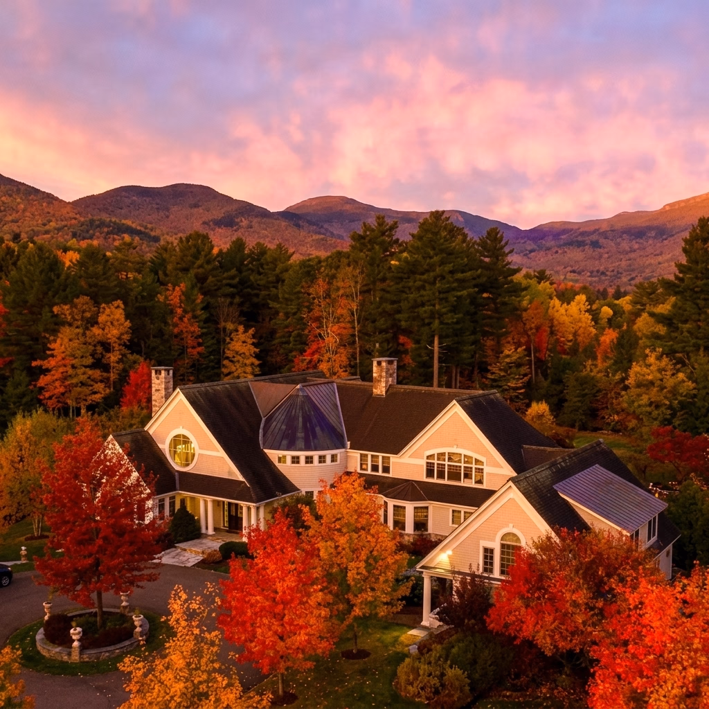 A gorgeous high-angle view of the estate house nestled in vibrant red and orange autumn foliage. In the background are rolling hills/mountains under a colorful pink and purple sunset sky. [Season: Autumn] [Lighting: Warm, golden sunset light] [Content: Autumn aerial, colorful trees, estate house, mountain sunset]