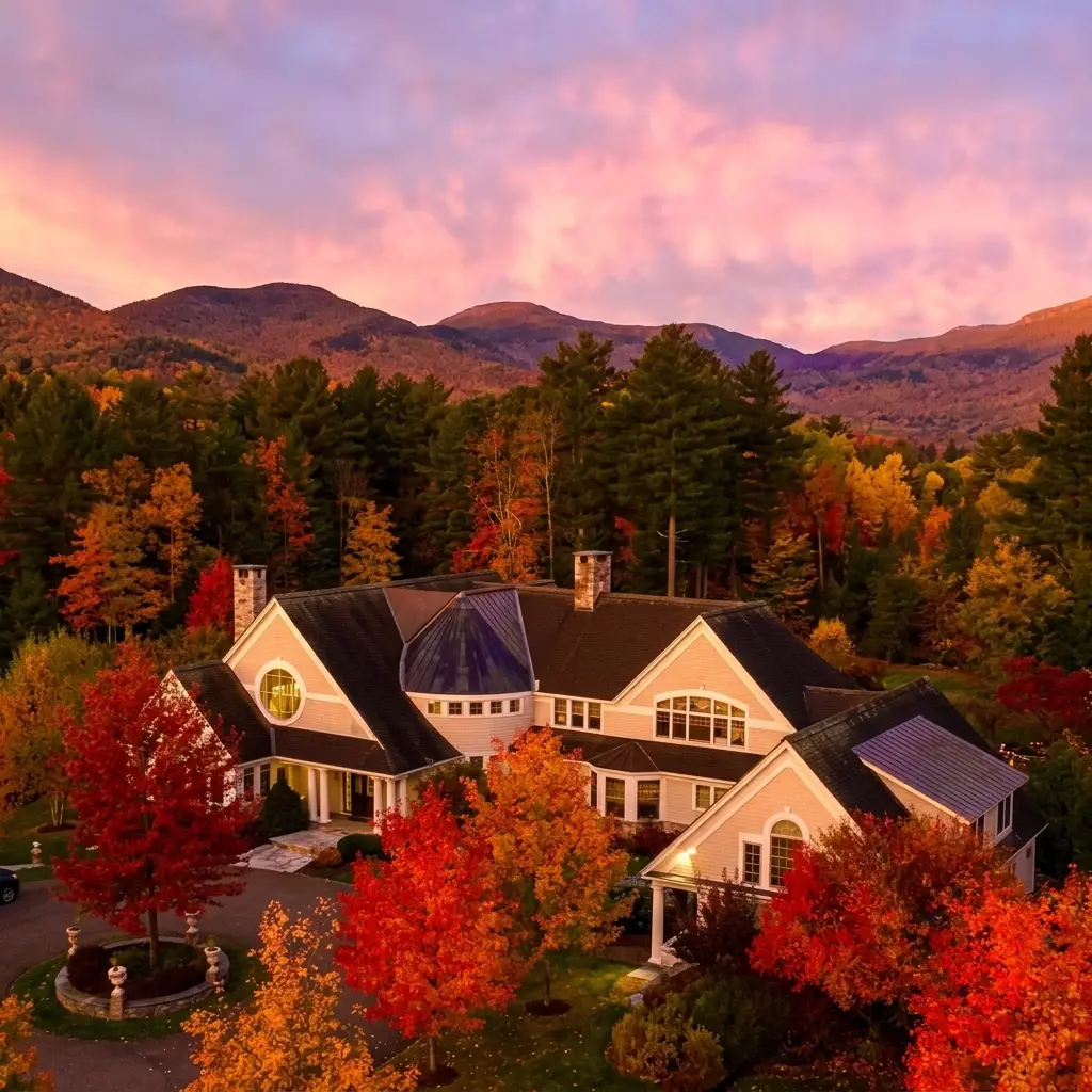 A gorgeous high-angle view of the estate house nestled in vibrant red and orange autumn foliage. In the background are rolling hills/mountains under a colorful pink and purple sunset sky. [Season: Autumn] [Lighting: Warm, golden sunset light] [Content: Autumn aerial, colorful trees, estate house, mountain sunset]