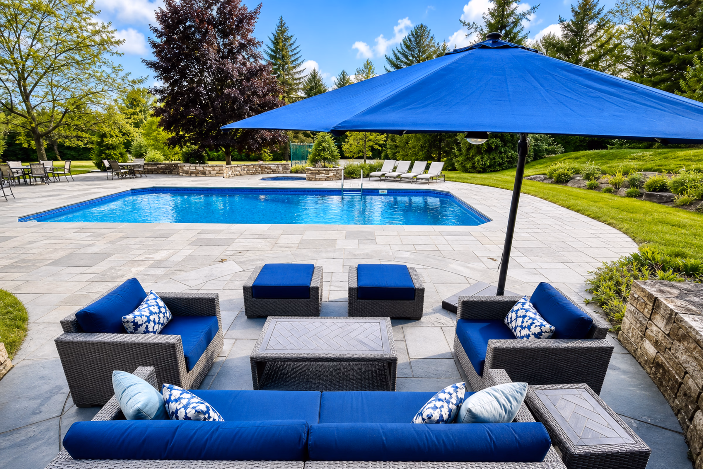 Resort-style outdoor pool patio featuring a set of premium grey wicker sofas and chairs with royal blue cushions, arranged under a large matching blue umbrella. A sparkling turquoise swimming pool is in the background, bordered by green lawns. [Season: Summer] [Lighting: Bright, clear summer daylight] [Content: Pool patio, wicker sofas, blue cushions, swimming pool, backyard luxury]